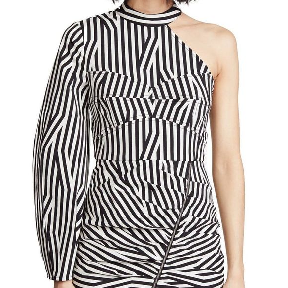 [SOLD]Self Portrait Black &White Striped One-Sleeve Dress w/Faux Zip Detail - 6 - Picture 2 of 10